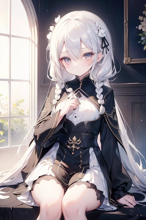 (masterpiece:1.3), (best quality:1.15),1girl, upper body, facing viewer, pageboy hair, knee-length hair, white hair, twin braids hair, ivory eyes, birthmark, frown, white Abaya, houndstooth, lace trim, monocle