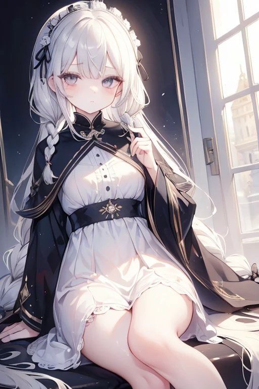 (masterpiece:1.3), (best quality:1.15),1girl, upper body, facing viewer, pageboy hair, knee-length hair, white hair, twin braids hair, ivory eyes, birthmark, frown, white Abaya, houndstooth, lace trim, monocle