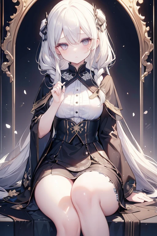(masterpiece:1.3), (best quality:1.15),1girl, upper body, facing viewer, pageboy hair, knee-length hair, white hair, twin braids hair, ivory eyes, birthmark, frown, white Abaya, houndstooth, lace trim, monocle