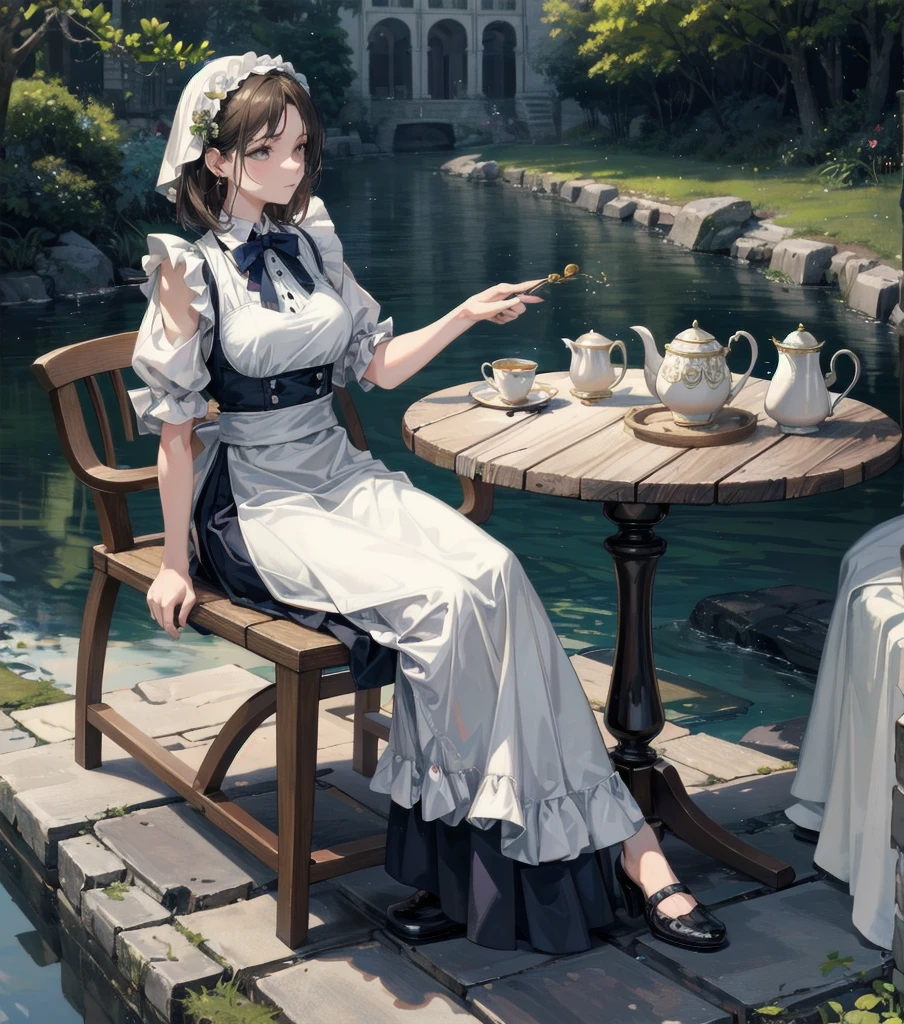 absurdres, RAW photo, extremely delicate and beautiful, masterpiece, Best Quality, ultra high resolution, 32k, hyperrealistic, ultra-detailed, Very detailed CG 8k wallpaper, detailed background, landscape, Beautiful Lighting, Perfect Lightning, Realistic Shadows, perfect anatomy, anatomically correct, perfect figure, Perfect Style, Perfect balance, super Detailed skin, in her 30s, very Slim body, narrow waist, very small head, very small face, delicate facial features, handsome detailed woman, very detailed eyes and face, realistic face proportions, Realistic beautiful face, Realistic beautiful eyes, tearful mole, earring, whole body shot, very huge round tits, medium hair, asymmetrical hair, outdoor, Beautuful Matured woman preparing tea_party in the garden, standing by the round table, dispensing a cup of tea, leaning forward, meisen's tea set, tea pot, tea cups, some cakes on dish, delicate and classy British style white table with gold accents and royal_blue, wearing light_brown maid uniform, maid costume, long flare skirts, apron, bow ties on the chest, long tall sally,