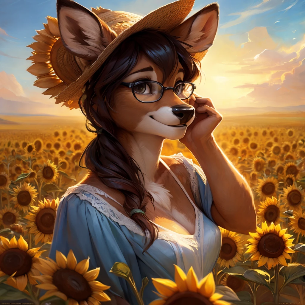 uploaded on e621, artstation, by Pixelsketcher, by Bayard Wu, by Thomas Benjamin Kennington , by Einshelm, by hioshiru and kenket, Chunie, portrait, solo anthro female deer doe, with small featureless breasts, clear dark blue, cinematic lighting, day, sunny day, sunflower field, stands in a high sunflower field, sunflower field background, sunflowers, mediterranean background, horizon background, shiny, chin short curly dark brown hair, wears big black nerd glasses, very very beautiful furry art, furry art, smiling, joyful, shiny, happy, feminine, cute face, muzzle, fluffy chest, flawless face, Fallow deer, 1girl, Sakimichan is beautiful, Masterpiece, Wavethesallow Face, shiny, Detailed image, portrait, Detailed image, portrait, full body, wears pure white and wide spaghetti straps dress, wears big and wide beige summer straw hat, shiny, realistic face, perfect anatomy, hourglass body, (furry body:1.1), anthropomorphic deer, detailed background, (cute anatomy:1.1)
