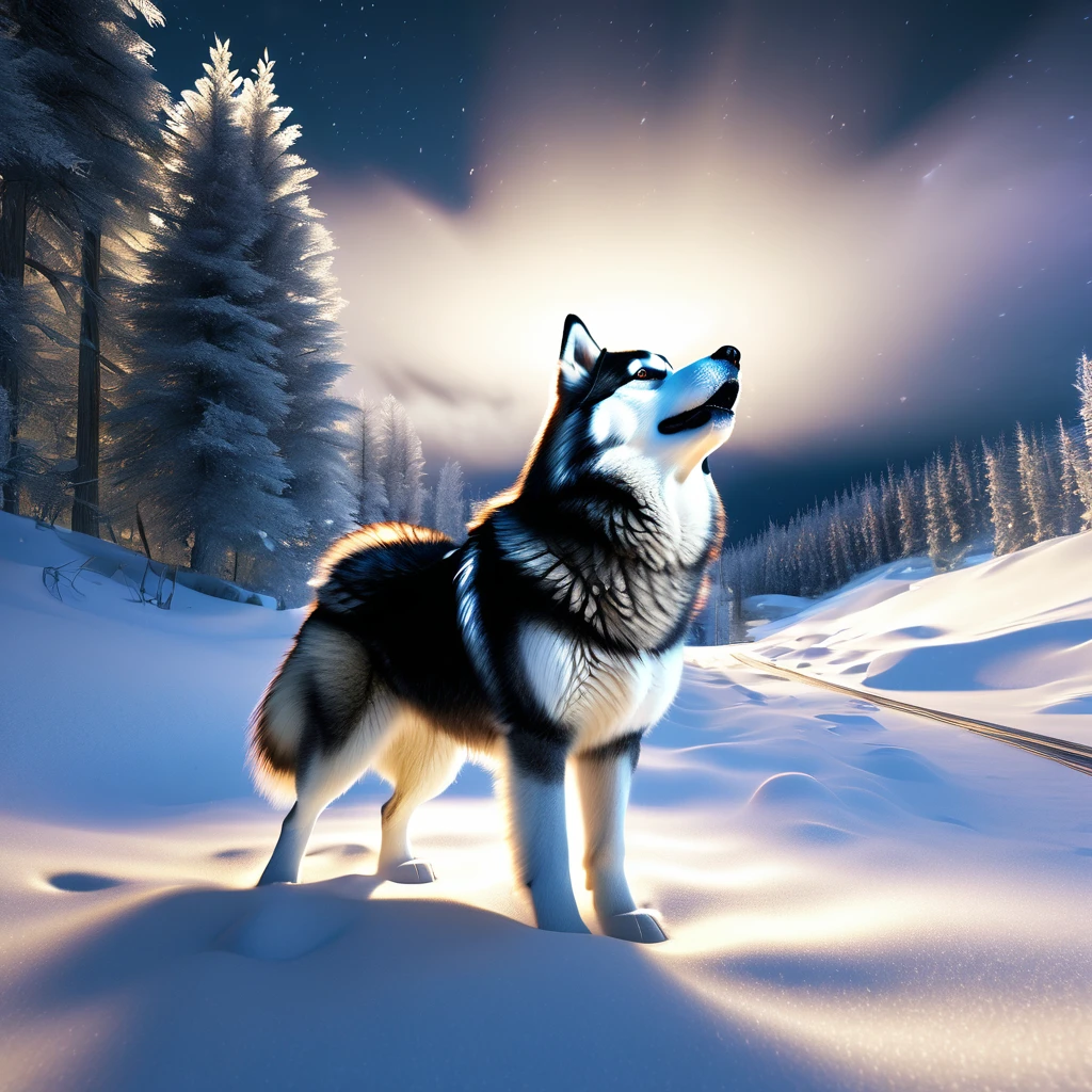 Husky Malamute Howling Epic Masterpiece Road Deep Snow Equirectangular Mountain Glacier Weather Snowflakes Waterfall Forest Night Moon Luminescence Lightning Volumetric Contrast Global Illumination Saturate Ultra_Meticulously Intricate Analog Pro-Photorealistic Ultra High Resolution_ultra high quality_high detail optimal precise cgi vfx sfx reflex 3dcg max color coded octane extremely enhanced_NVIDIA UHD rendering_rtx_RAY RENDERING_DLSS TRACKING_3 effects_CINEMATIC XT3 K 32K 16K 8K HDR Unrealengine5 ROM RGB PBr 3DCG FXAA Blu-ray FCAA TXAA RTX SSAO Ultra Enhanced_sharpness