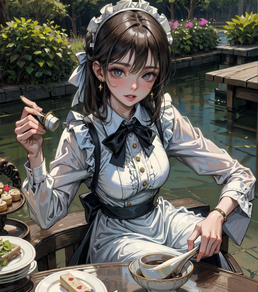 absurdres, RAW photo, extremely delicate and beautiful, masterpiece, Best Quality, ultra high resolution, 32k, hyperrealistic, ultra-detailed, Very detailed CG 8k wallpaper, detailed background, landscape, Beautiful Lighting, Perfect Lightning, Realistic Shadows, perfect anatomy, anatomically correct, perfect figure, Perfect Style, Perfect balance, super Detailed skin, in her 30s, very Slim body, narrow waist, very small head, very small face, delicate facial features, handsome detailed woman, very detailed eyes and face, realistic face proportions, Realistic beautiful face, Realistic beautiful eyes, tearful mole, earring, whole body shot, very huge round tits, medium hair, asymmetrical hair, outdoor, Beautuful Matured woman preparing tea_party in the garden, standing by the round table, dispensing a cup of tea, leaning forward, meisen's tea set, tea pot, tea cups, some cakes on dish, delicate and classy British style white table with gold accents and royal_blue, wearing light_brown maid uniform, maid costume, long flare skirts, apron, bow ties on the chest, long tall sally,