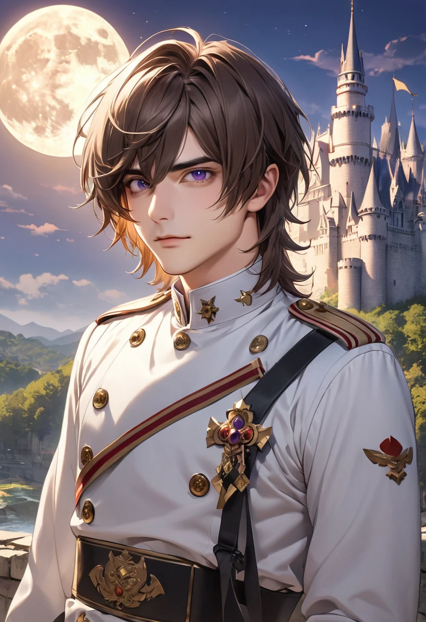 1 male long bangs in the middle Brown hair and eyebrows Purple Eyes White military uniform Castle and full moon