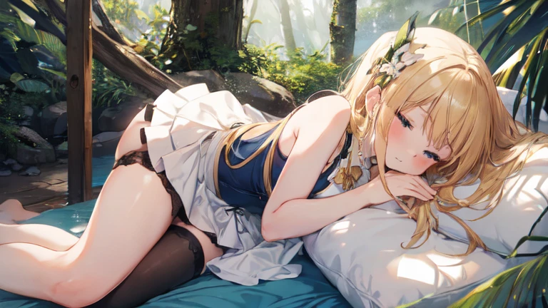 super high quality, Super detailed, Ultra-clear, forest, one person, long blonde hair, sleep, Swimsuit, Beautiful details on clothes, mini skirt, Stockings