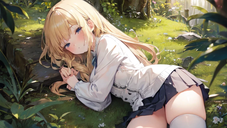 super high quality, Super detailed, Ultra-clear, forest, one person, long blonde hair, sleep, Swimsuit, Beautiful details on clothes, mini skirt, Stockings