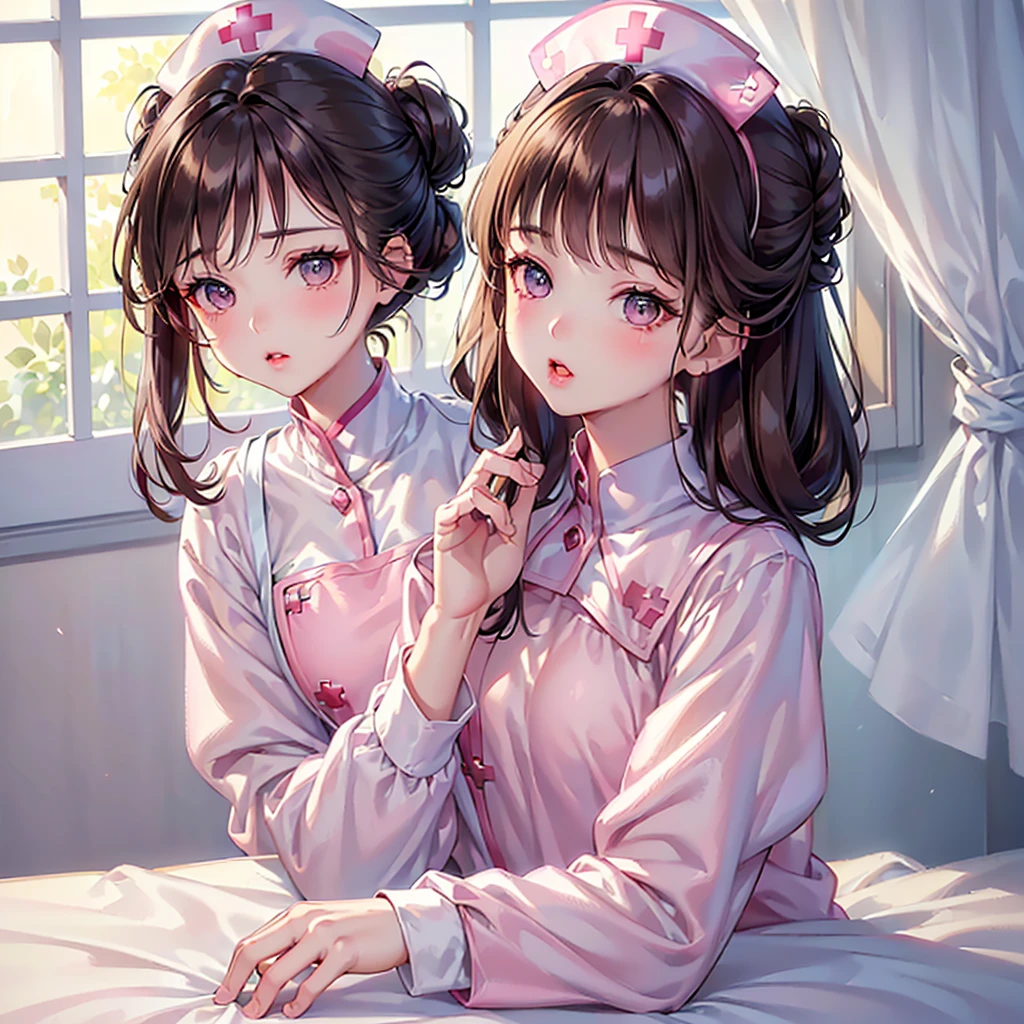 Highest quality, masterpiece, Ultra-high resolution, Realistic, RAW Photos, Intricate details, Portraiture, Big beautiful brown eyes:1.2, Perfect contours, break ((from the front, Upper Body:1.2, Upturned eyes:1.2)), ((Little Girl:1.2、Little)), Brown Hair、((Updo:1.2)), (natural makeup:1.2, Mouth open, Fuller lips:1.3, Pink Lips:1.2, Glossy Lips:1.2), ((nurse:1.2)), (Shiny pure white nurse uniform), (The background is a hospital room:1.2、Morning light pours in through the window、bright)
