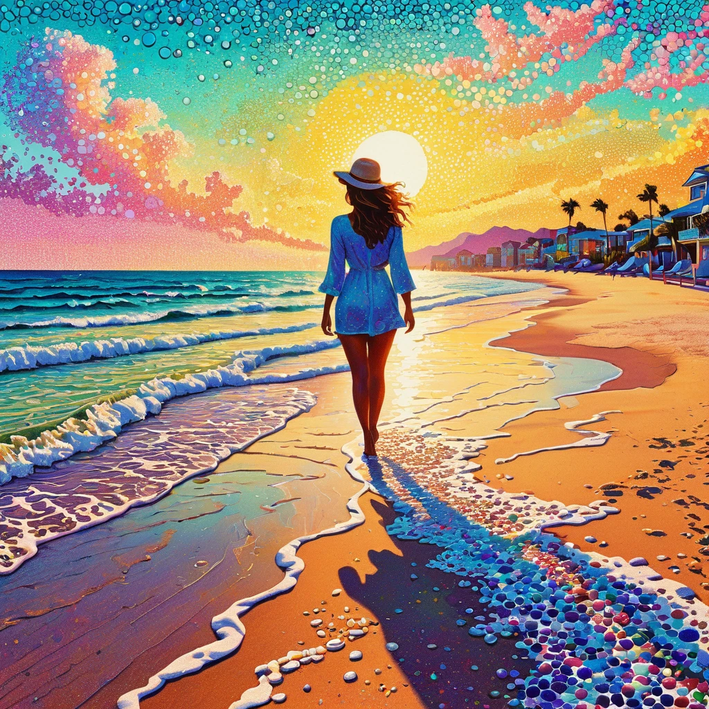 A Woman walking on the beach Pointillism method,psychedelic art,interesting:1.5