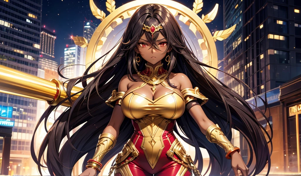 Dark-skinned adult woman with long straight hair, huge breasts,gold ruby head chain,Squinting eyes,Bare shoulders,Bracelet,short sleeve suit,City