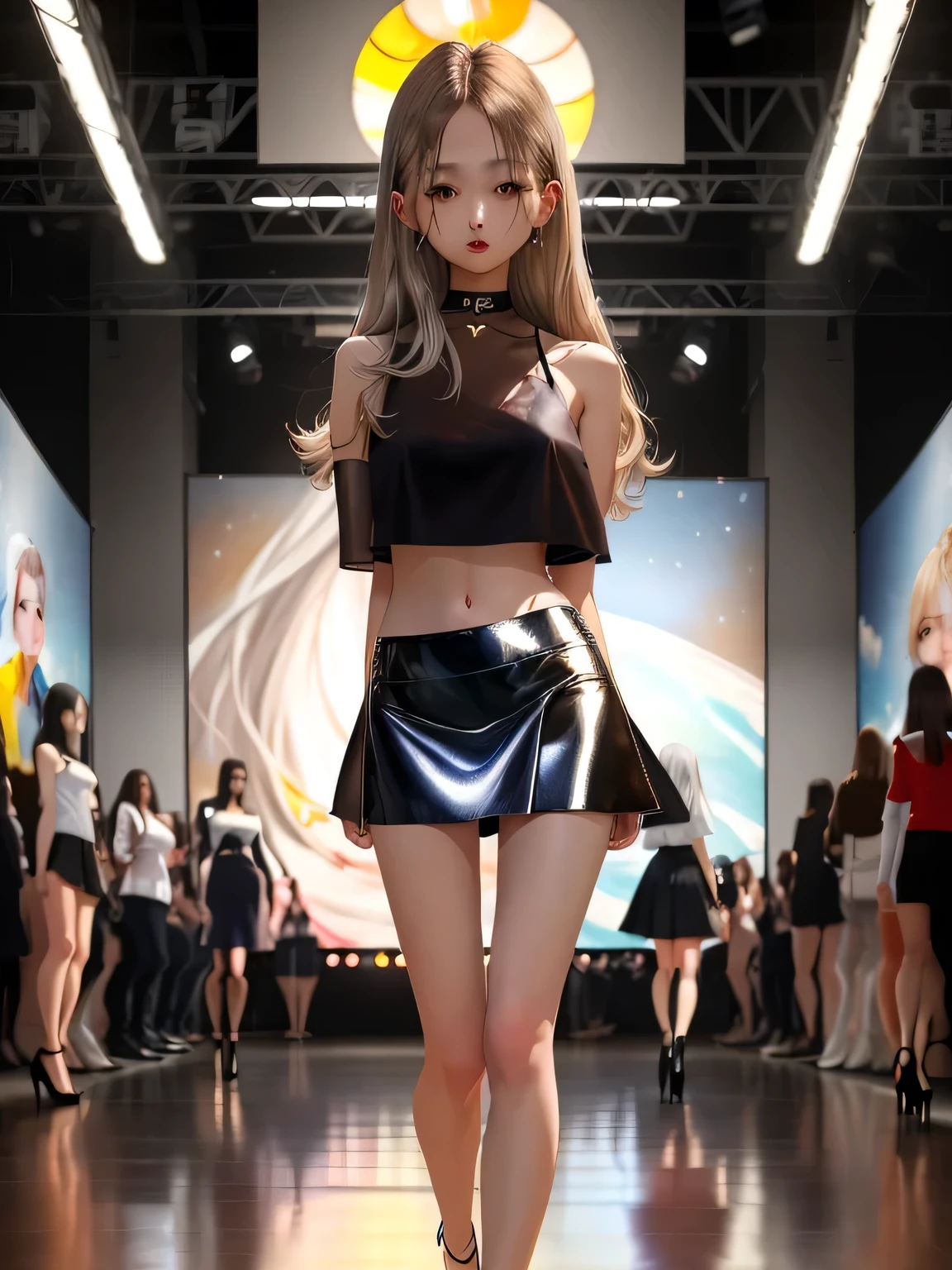 ムラムラする女の子、(dark brown eyes:1.2),1 girl、long legs,Silver Hair、Dark brown eyes、Shining Eyes、Crop top、mini skirt、Parted lips、1woman wearing trendy clothes, in an abstract oil painting style, fashion show, The painting is ultra-high detailed and has a resolution of 8k, showcasing the best quality,creating a mysterious atmosphere , luminous design, vivit colours,spring lights,Artistic,azure, red, (Bare legs:1.1), (black high heels), black short skirt