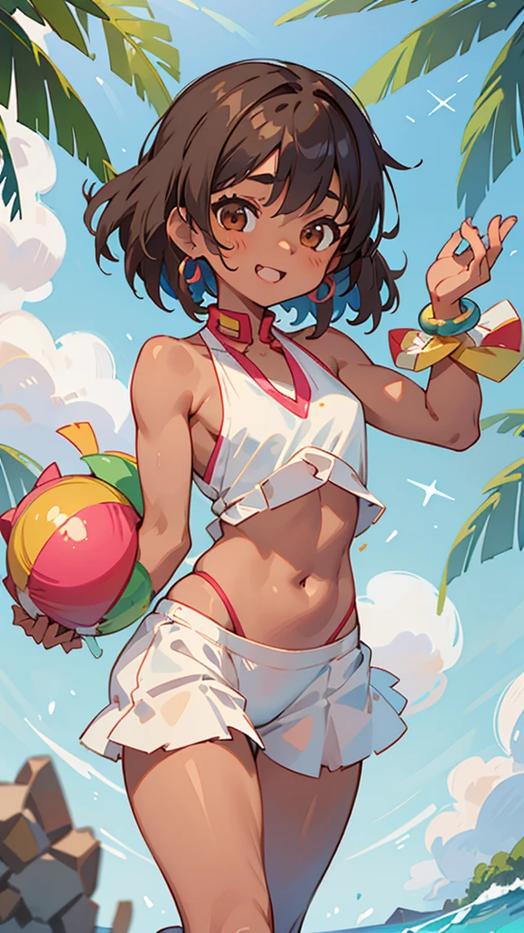 1 girl、Shortcuts、Gray Hair、She is 16 years old、Brown Skin、Wearing a white bikini、Beautiful brown eyes、Toned, muscular body、barefoot、Colorful Bracelets、Colorful anklets、Laugh brightly、Dance cheerfully、Upper body close-up