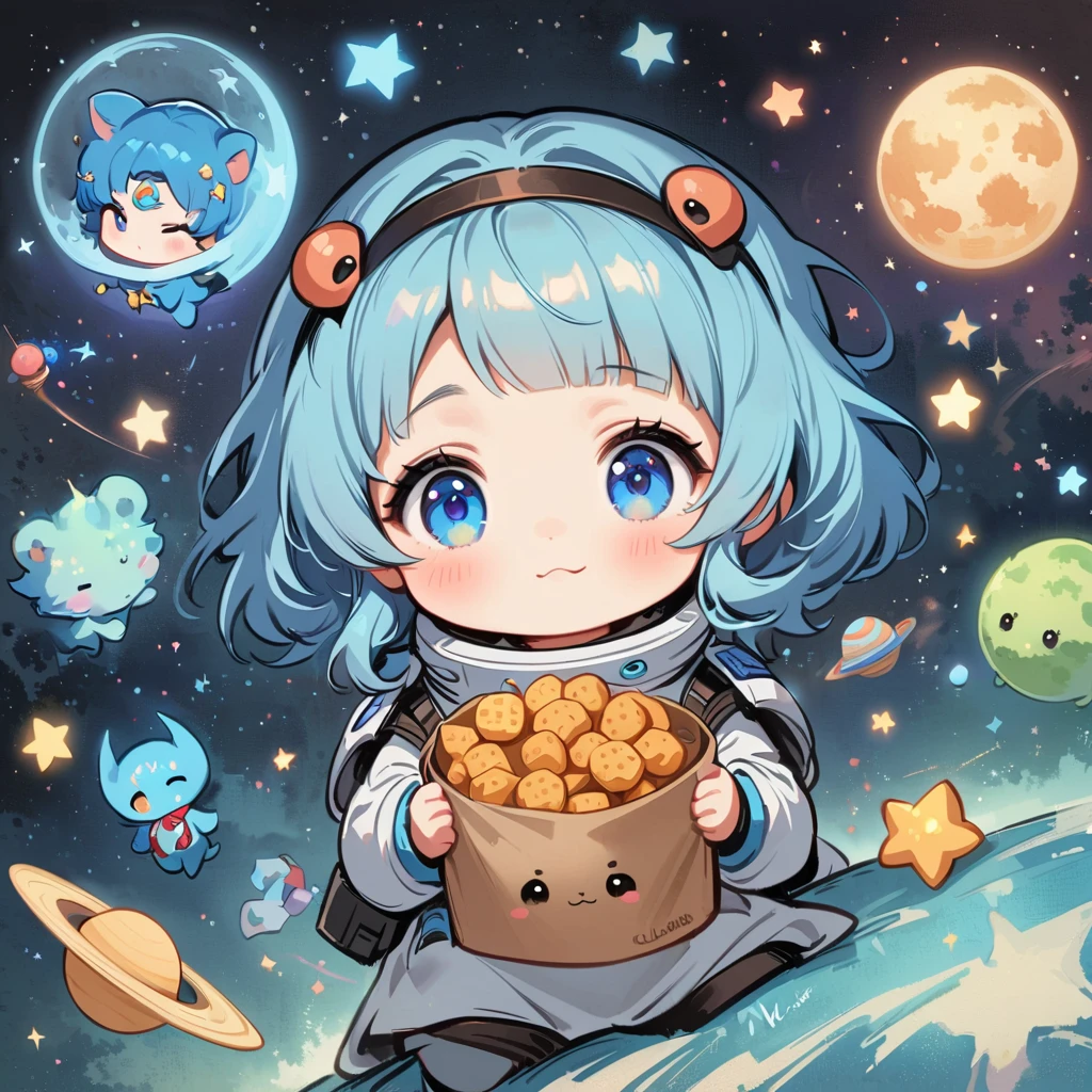 เด็กสาวBlue Hairนั่งอยู่ในชุดอวกาศที่ลอยอยู่ในอวกาศ,Blue Hair, blue eyes, Surrounded by the Milky Way, universe , Cutely. Eat snacks, meet aliens, Babygirl sit in spacesuit floating in space,glabrous, surrounded by the Milky Way, the universe , cutely, Babygir hair is nevy blue, Blue Hair.