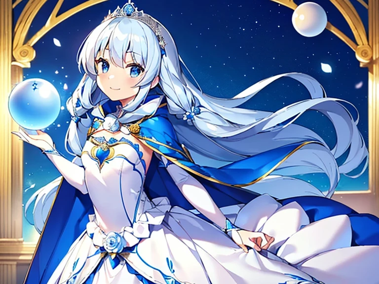 best quality,(long train blue cape:1.15),(long train white ball gown with floral decoration:1.15), a girl is wearing a cape over her dress, anime style, rococo style, little princess, tiara, kind smile, very long hair, small breast, perfect fingers, masterpiece