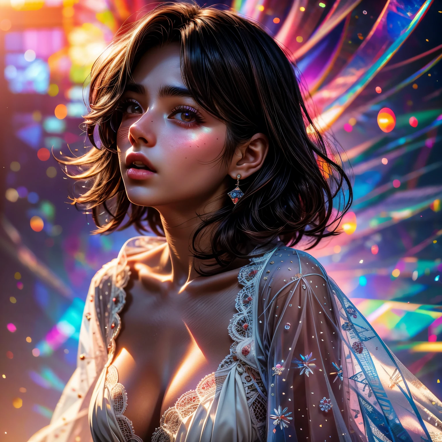 SFW, concept art, Tiny junior idol, Delicate lace knitted white clothes, (:-0.9), face closeup, (Dazzling stained glass Background), (((Renbutsu Misako), colorful Light shines through delicate stained glass:1.2, vivid red colors, lense Particle, lens flare, light Particle, Acutance:0.8)). (masterpiece:1.2),(ultra-detailed:1.37), (Extremely detailed KAWAII face variations, innocent expression variations), rosy cheeks, intricate detailed eyes with sparkling highlights, long eyelashes with volume, subtle blush on the face. Mystic sight, haze, impeccable skin texture, captivating gaze, ((Dynamic-angle, physically-based rendering)), whole Body proportions and all limbs are anatomically accurate .