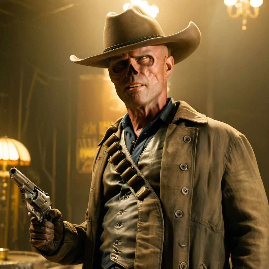 Close up of Fallout TV series Cooper the ghoul with no nose but otherwise looking like 50 year old Walton Goggins the actor but with pale smooth very burned skin, Inside a dimly lit large room in a post-apocalyptic casino in Las Vegas, wearing a dirty cream colored cowboy hat and long dark brown dirty trench coat with his gun in his hand. Photo-realistic. From Fallout TV series. Cinematic, Rich color, masterpiece, hyper realistic, ultra detailed, high quality, best quality, 4k, 8k, hi resolution,