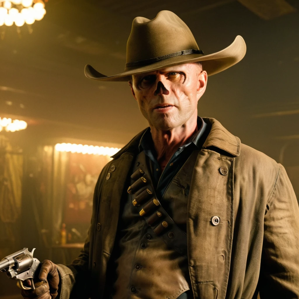 Close up of Fallout TV series Cooper the ghoul with no nose but otherwise looking like 50 year old Walton Goggins the actor but with pale smooth very burned skin, Inside a dimly lit large room in a post-apocalyptic casino in Las Vegas, wearing a dirty cream colored cowboy hat and long dark brown dirty trench coat with his gun in his hand. Photo-realistic. From Fallout TV series. Cinematic, Rich color, masterpiece, hyper realistic, ultra detailed, high quality, best quality, 4k, 8k, hi resolution,