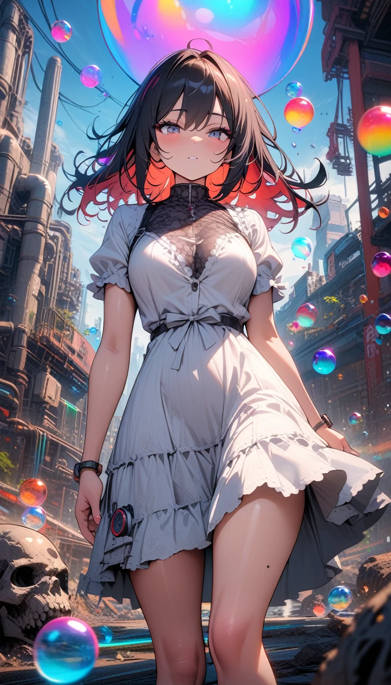 ((best quality)) , ((masterpiece)) , (detailed),Color splash, Ghostly Astronaut (Li Gong:1.3) , wearing Shabby Chic Wrap dress, has metallic plating, Colored hair, Fossil fuel power station in background,((colorful bubble)),(floating),detailed light