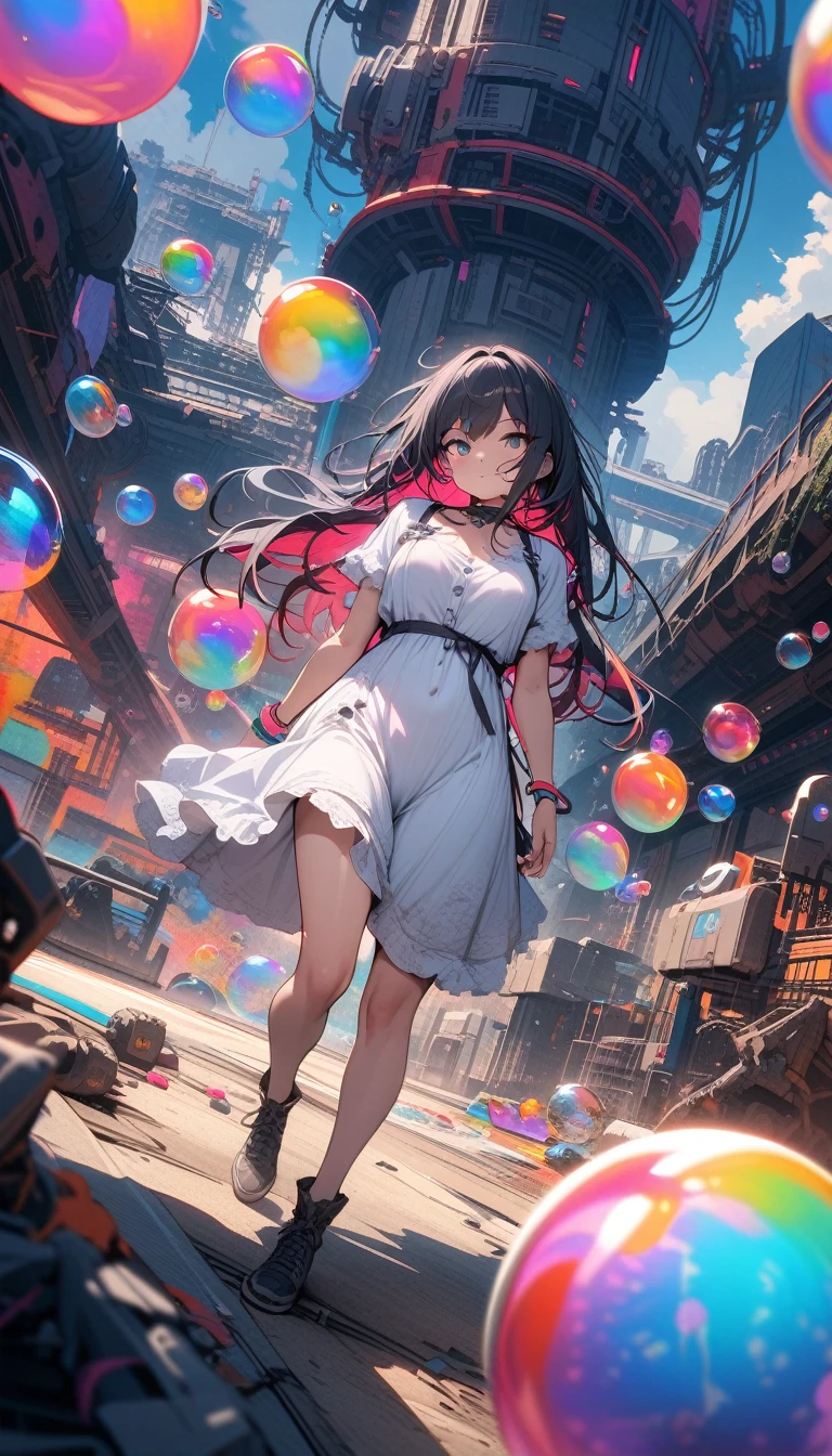 ((best quality)) , ((masterpiece)) , (detailed),Color splash, Ghostly Astronaut (Li Gong:1.3) , wearing Shabby Chic Wrap dress, has metallic plating, Colored hair, Fossil fuel power station in background,((colorful bubble)),(floating),detailed light