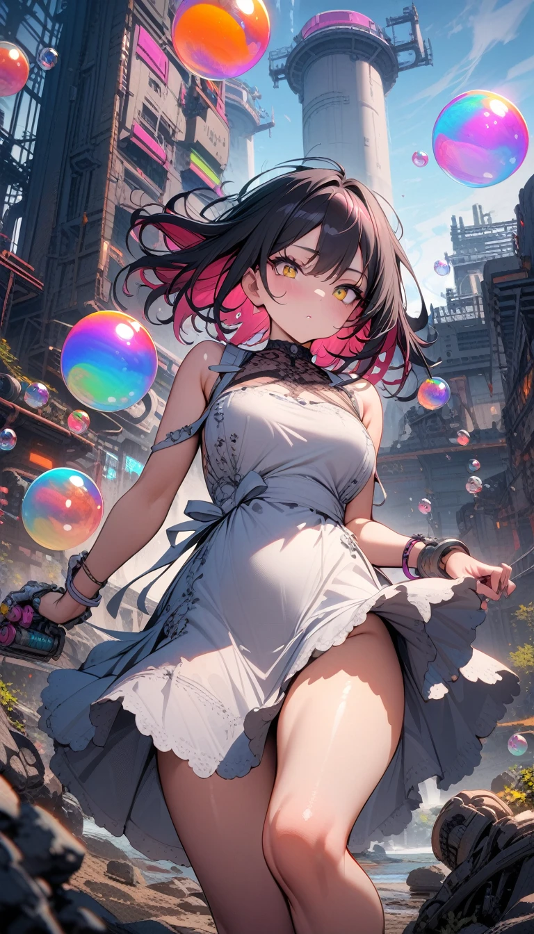 ((best quality)) , ((masterpiece)) , (detailed),Color splash, Ghostly Astronaut (Li Gong:1.3) , wearing Shabby Chic Wrap dress, has metallic plating, Colored hair, Fossil fuel power station in background,((colorful bubble)),(floating),detailed light