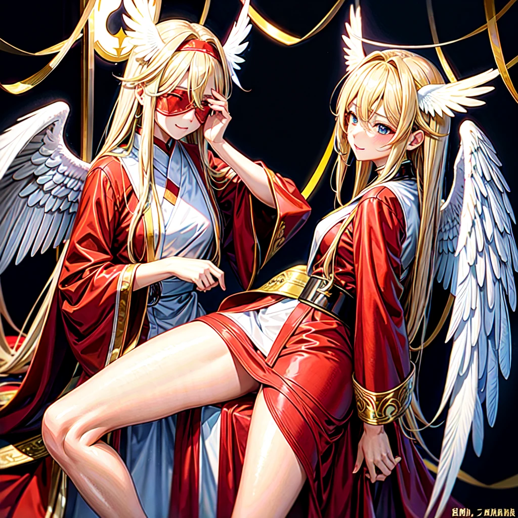 Highest quality、folded、Wings are growing、woman、god々Shii、美Shii、Blonde、Sexy tumes、Covering his eyes with a white cloth、Red face、With legs apart、Exposed clothing、大人のwoman