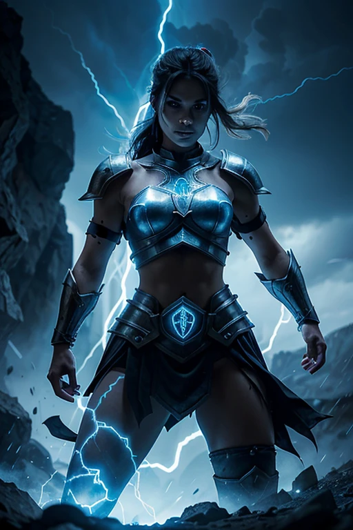 evil, beautiful and muscular Nordic female storm giant with blue black hair in a ponytail, older and mature woman, throwing a lightning ball, glowing tattoos, wearing steel runic plate mail Armour , temple cave background with lightning storm, glowing blue eyes, square jaw, powerful and imposing , armored giant