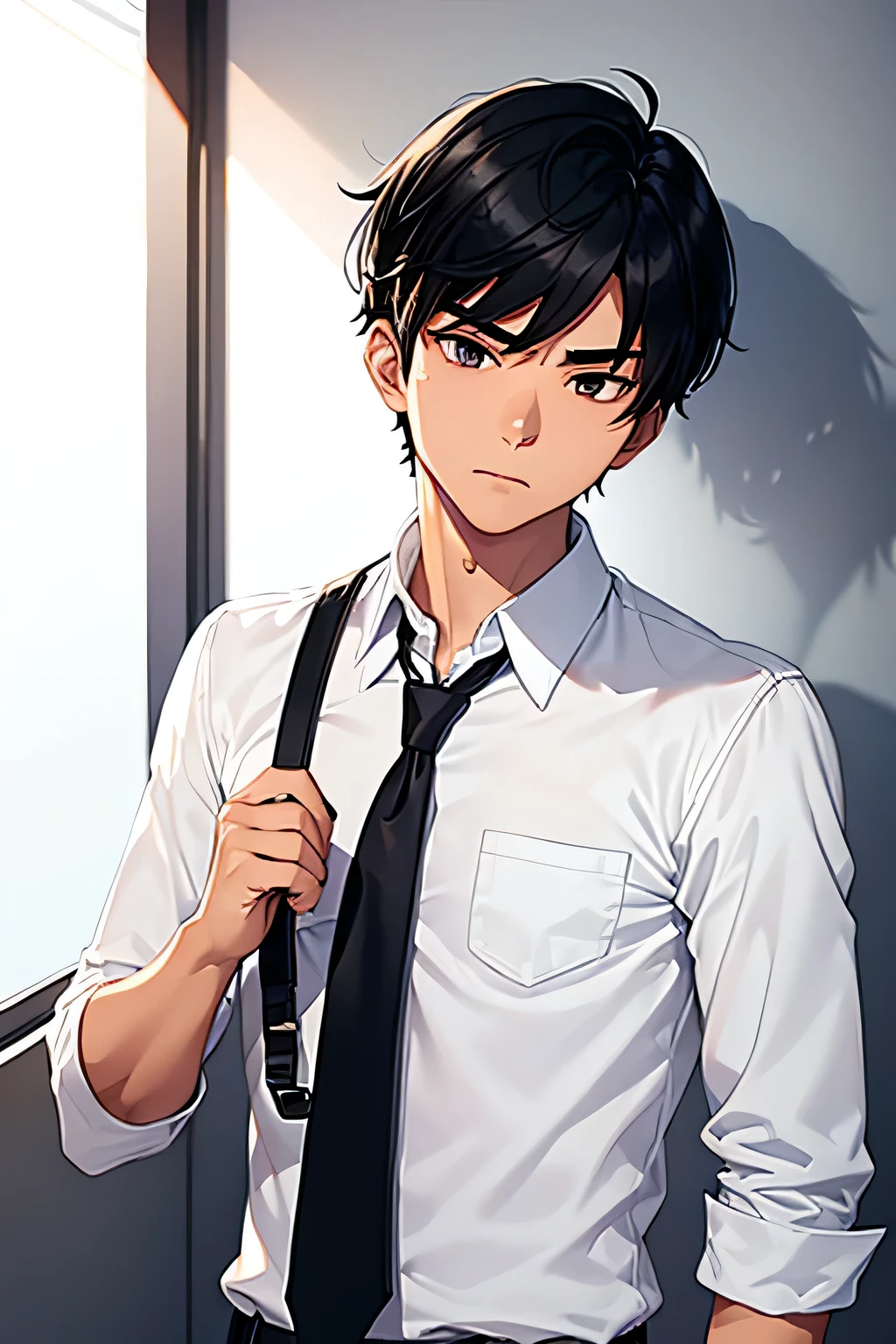 Cool, black hair, indonesian, white collared shirt, man, 18 yo, black eyes, Slanted Sweep hairstyle, charismatic, indifferent, athletic body, intelligent, tan skin