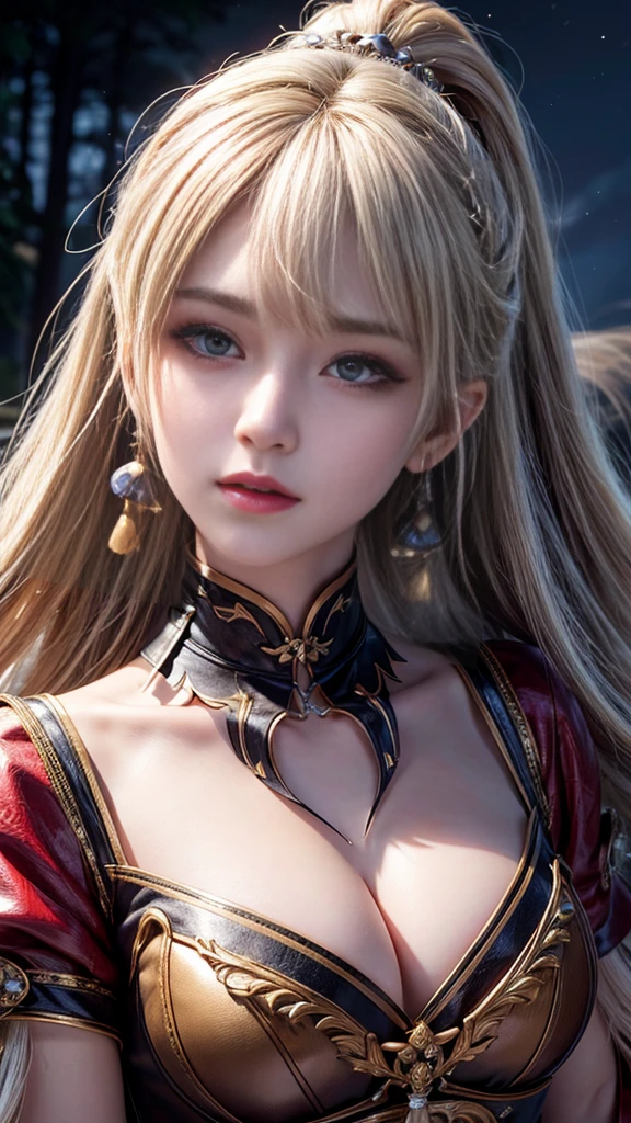 HD32K, 8K, absurdres, detailed photorealistic image, realistic skin texture, sharp focus on face, intricately detailed face, BREAK portrait of japanese female mage, hkmagic, 26 years old, make-up, mascara, blonde hair with colored streaks, bangs, sidelocks, long flowing ponytail, earrings, hair ornaments, extreme closeup, wearing leather bustier, detached sleeves, holding spellbook, forest at night, moonlight, dynamic lighting