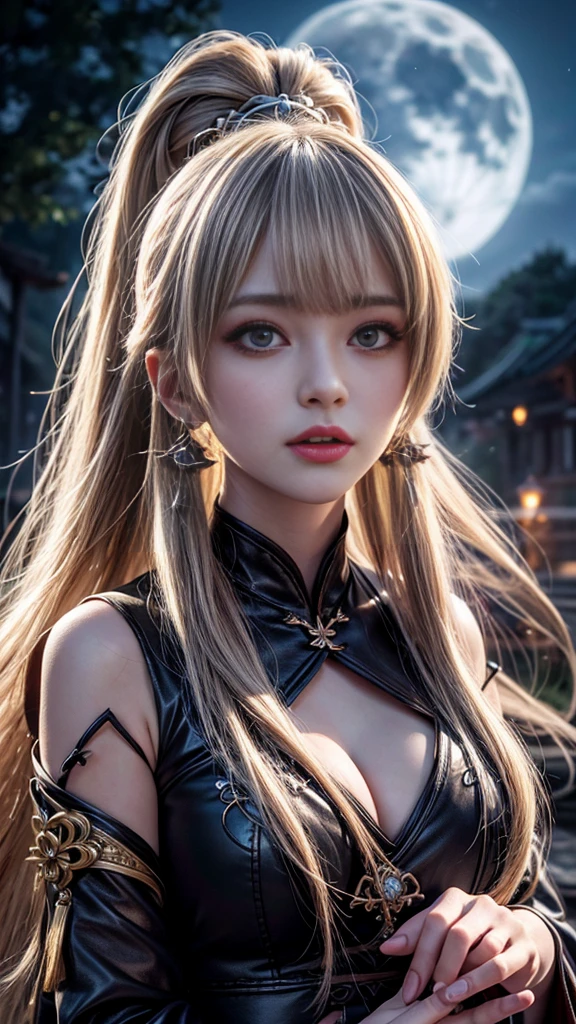 HD32K, 8K, absurdres, detailed photorealistic image, realistic skin texture, sharp focus on face, intricately detailed face, BREAK portrait of japanese female mage, hkmagic, 26 years old, make-up, mascara, blonde hair with colored streaks, bangs, sidelocks, long flowing ponytail, earrings, hair ornaments, extreme closeup, wearing leather bustier, detached sleeves, holding spellbook, forest at night, moonlight, dynamic lighting