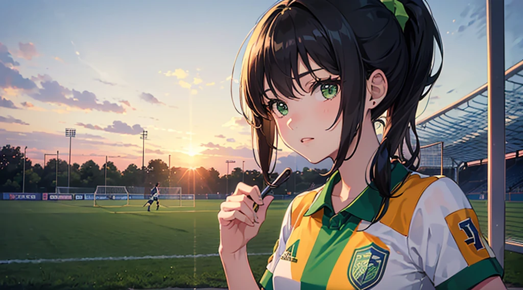 (((Highest quality))),(((masterpiece))),(((A with a ponytail wearing a light green soccer uniform))),School grounds,sunset,(((Black Hair:1.3)))