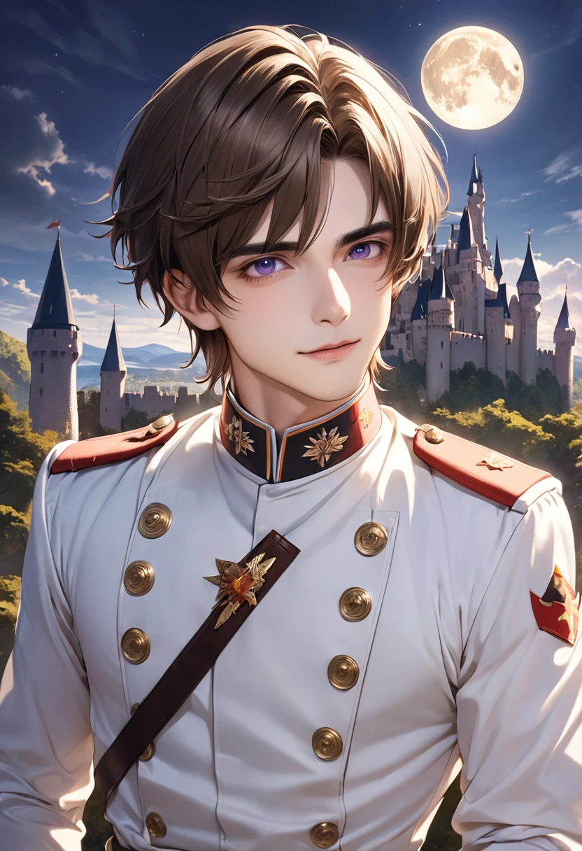 1 male　long bangs in the middle　Brown hair and eyebrows　Purple Eyes　White military uniform　Castle and full moon