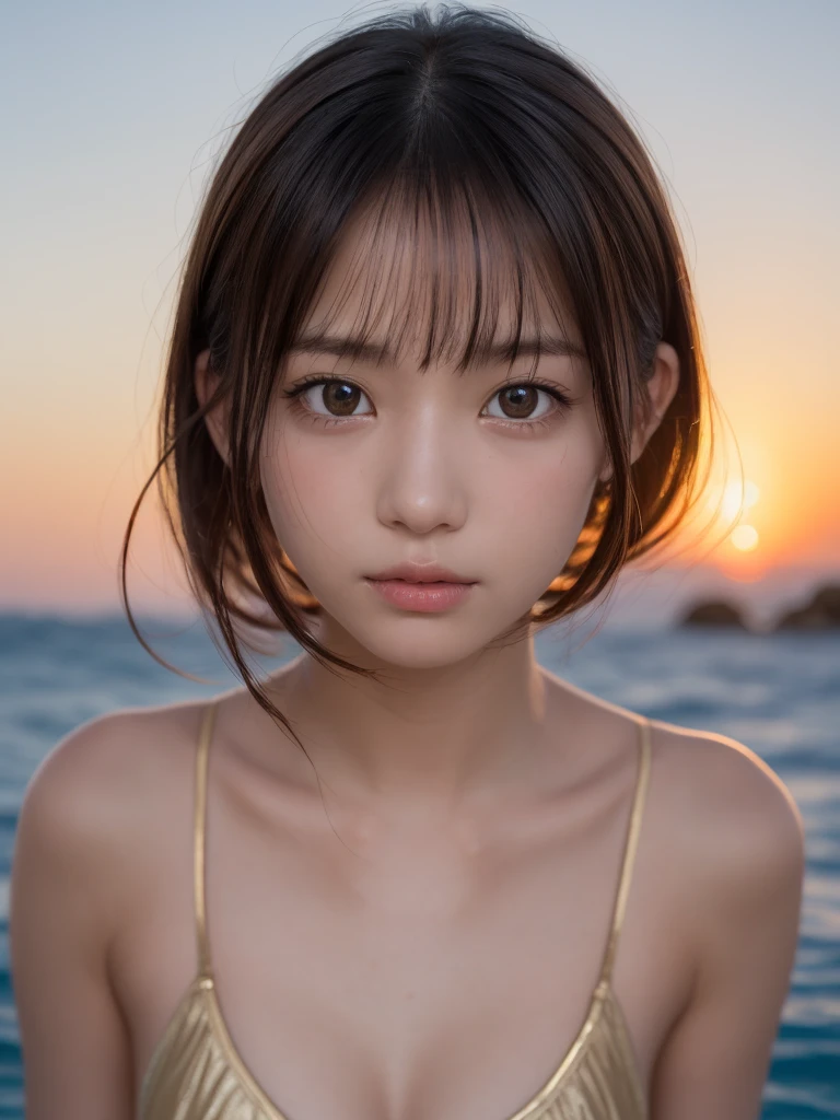 One Girl,(1人のとてもcute女の子:1.3),masterpiece,Highest quality,High resolution,From below,Low - Angle,Photorealistic,RAW Photos,Ray Tracing,Physically Based Rendering,beautiful girl,(:1.3),cute,Big eyes,(detailed pupils:1.2),(The face is facing straight ahead:1.3),Body facing forward,Beautiful nose,High nose,Upturned nose,Fuller lips,Short black hair,ponytail,short hair,Detailed eyelashes,Thin eyebrows,Very fine grain definition,(Symmetrical eyes,Golden Ratio:1.3),(Face close-up,Face Focus:1.0),Small breasts,Short neck,White swimsuit,White Bikini,The background is the sea,Southern Island,sunset,Sunset,Portrait,View Viewer,Upper Body,Cinema Lighting,High resolution,Very detailed