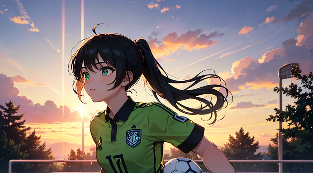 (((Highest quality))),(((masterpiece))),(((A 17-year-old girl with a ponytail wearing a very bright light green soccer uniform))),School grounds,sunset,(((Black Hair:1.3)))