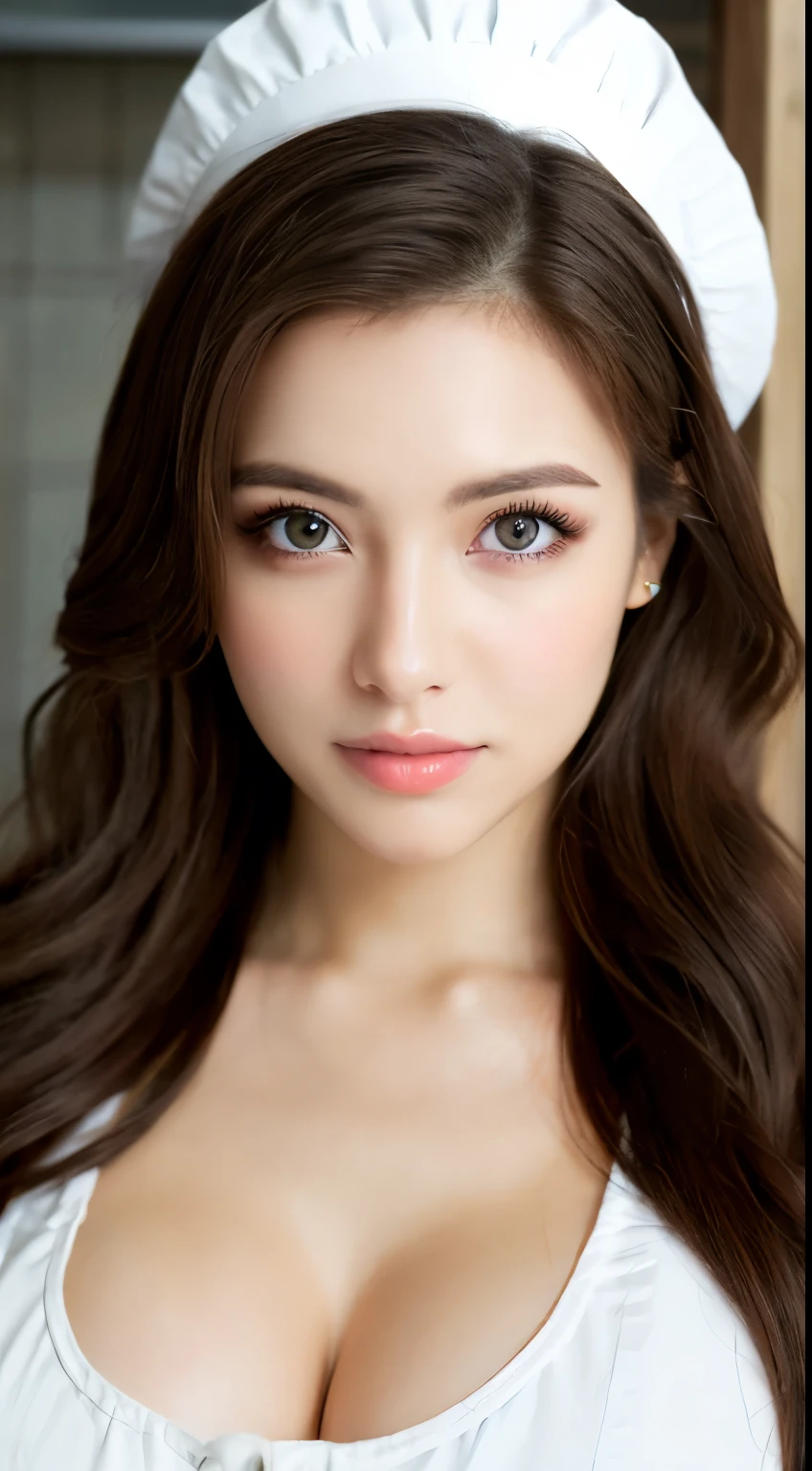 (Highest quality, 8k, masterpiece: 1.3), Beautiful woman with perfect figure: 1.2, Dark brown hair, Wearing an apron, In the kitchen, Highly detailed face and skin, Beautiful Eyes, double eyelid, Big Breasts