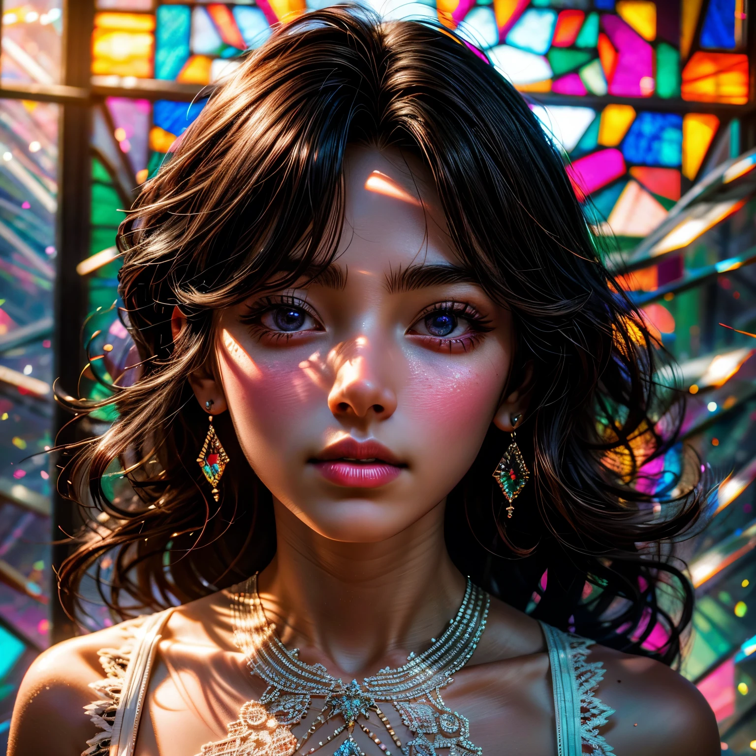 SFW, concept art, Tiny junior idol, Delicate lace knitted white clothes, (nipple:-0.9), face closeup, (Dazzling stained glass Background), (((Renbutsu Misako), colorful Light shines through delicate stained glass:1.2, vivid red colors, lense Particle, lens flare, light Particle, Acutance:0.8)). (masterpiece:1.2),(ultra-detailed:1.37), (Extremely detailed KAWAII face variations, innocent expression variations), rosy cheeks, intricate detailed eyes with sparkling highlights, long eyelashes with volume, subtle blush on the face. Mystic sight, haze, impeccable skin texture, captivating gaze, ((Dynamic-angle, physically-based rendering)), whole Body proportions and all limbs are anatomically accurate .