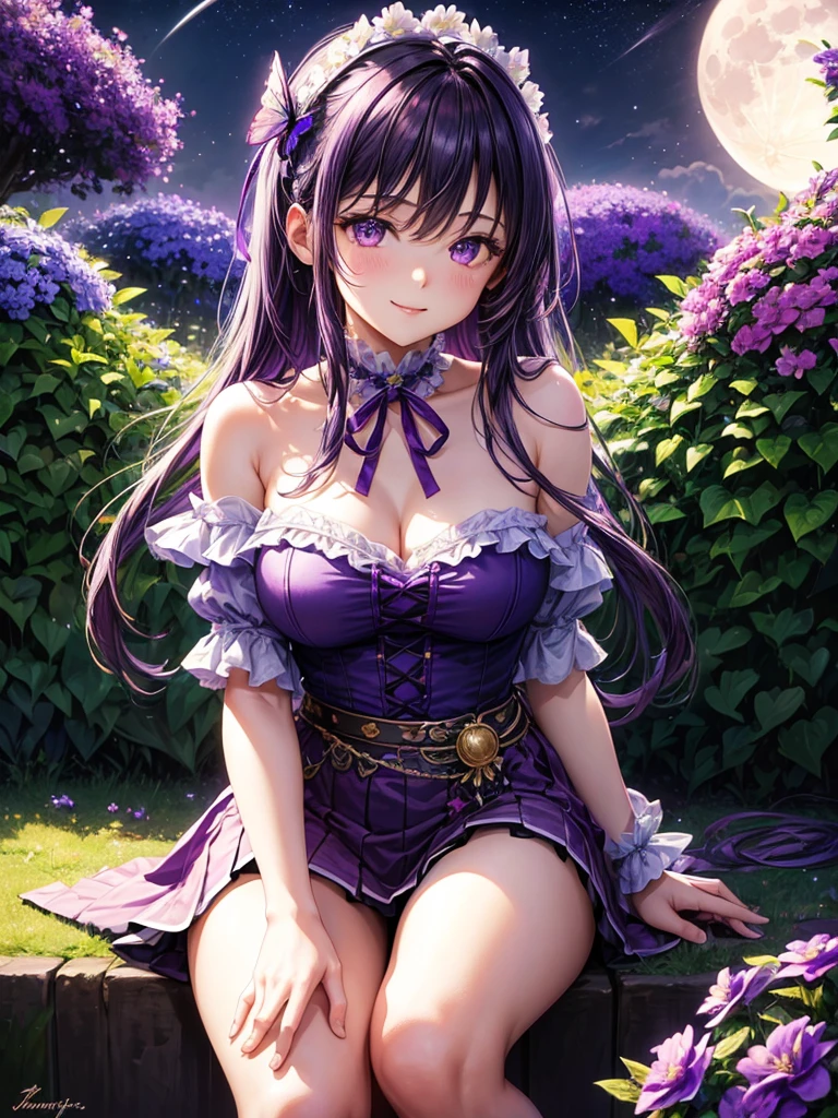 ((HDR , masterpiece , high quality , ultra details , best quality)) , cute adult girl , purple eyes , purple hair , sitting in garden ,nice position , ((purple flowers)) ,purple butterfly flying , ribbon on neck , skirt , off shoulder t-shirt , nice breast , ((night with full moon )), soft light , smile