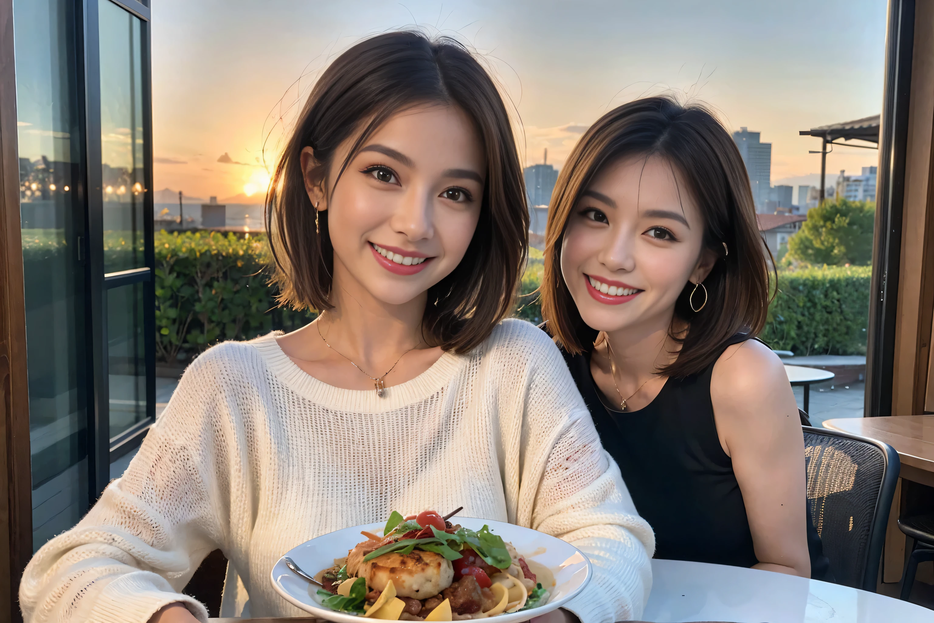 (Realistic:1.1),(masterpiece,Highest quality),8k,(49 years old), 53 years old, slimカップル、Tight waist,Upper Body,full-course dinner、wine 、Amazing view of the sunset sky and clouds、Perfect Anatomy, Brown Hair, short hair,Random Hairstyles,((Highly detailed face and eyes:1.2)),Perfect golden ratio face,Long sleeve shirt、dress,(smile:1.2)、Shortcuts、cute、(Realistic, Intricate details:1.2), A bright smile、short hair,Bright Face、赤wine 、Appetizers、Italian food、wine bottle、Champagne、スパークリングwine、(slimな顔), (The body is slim), (Brown Hair), (Shortcuts), Upper Body, 白wine, slim, wineグラス,