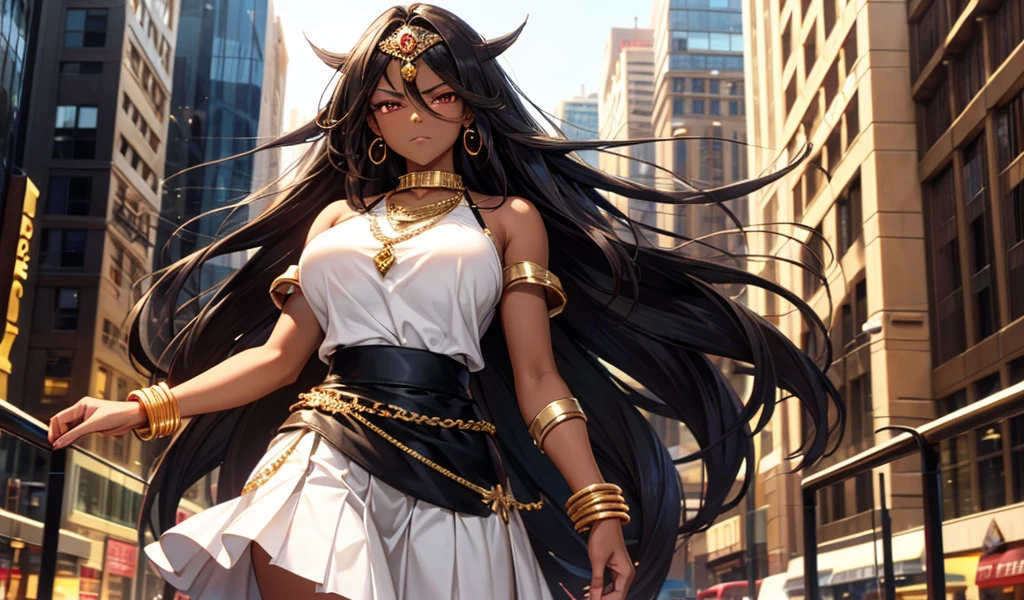 Dark-skinned adult woman with long straight hair, huge breasts，gold ruby head chain，Squinting eyes，Bare shoulders，Bracelet，white shirt，Black skirt，City