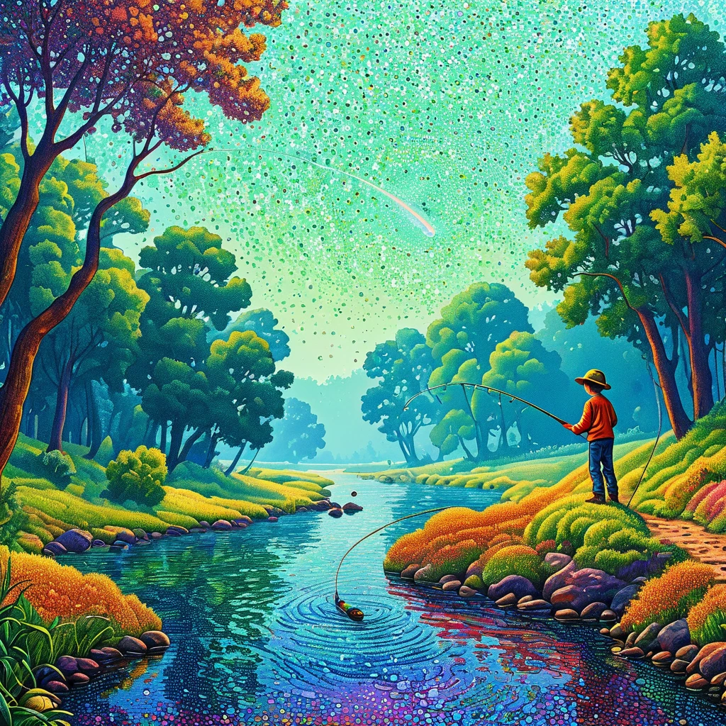 A boy fishing in the river Pointillism method,psychedelic art,interesting:1.5