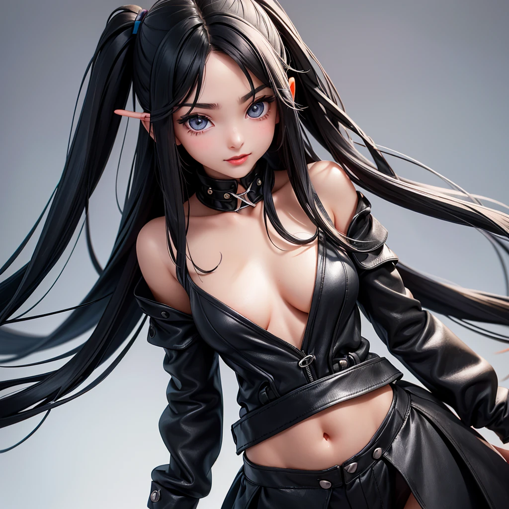 girl about 17. black long hair. the right eye is gray, the left is bright blue. small nose, plump red lips. She has small breasts. she has a calm and joyful face. she is skinny. not sex