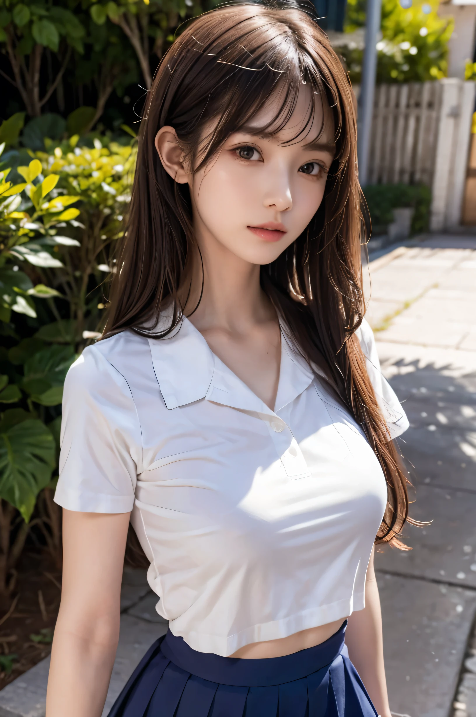 (Ultra HD), (Sailor suit:1.4, White short sleeve shirt, Navy blue mini skirt), Big Breasts, slender, whole body, Standing posture, (Clean and shiny skin, Whitening, No makeup), (Super slim face, Super beautiful face), (Light Brown Hair, Layered Cut, Fluffy hair), (double eyelid, Slanted Eyes), Small Nose, Thin lips, Thin legs, school gate
