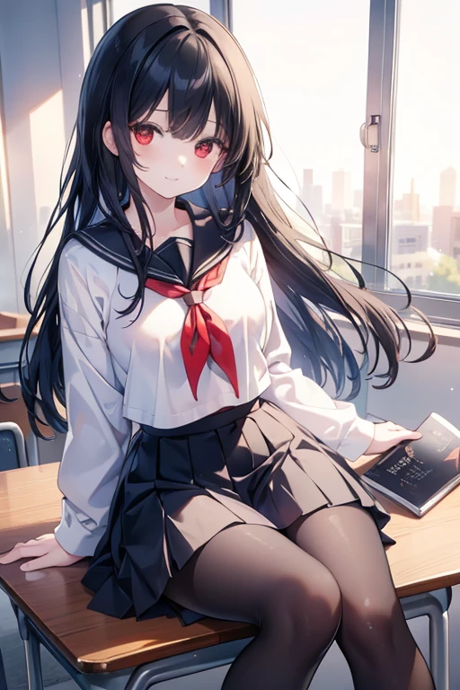 masterpiece, best quality, ultra-detailed, illustration, colorful, falt color, depth of field, lens flare,

1girl, anime, sitting, black hair, looking at viewer,school, classroom, pleated miniskirt , , serafuku, black pantyhose, detailed skin texture, detailed cloth texture, beautiful detailed face,,long hair , smile , red eyes 