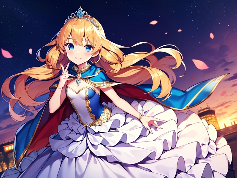 best quality,(long train blue cape:1.15),(long train white ball gown with floral decoration:1.15), a girl is wearing a cape over her dress, anime style, rococo style, little princess, tiara, kind smile, very long hair, small breast, perfect fingers, masterpiece