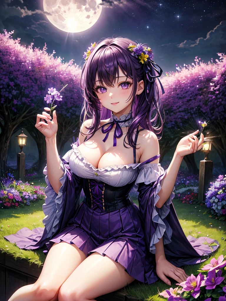 ((HDR , masterpiece , high quality , ultra details , best quality)) , cute adult girl , purple eyes , purple hair , sitting in garden ,nice position , ((purple flowers)) ,purple butterfly flying , ribbon on neck , skirt , off shoulder t-shirt , nice breast , ((night with full moon )), soft light , smile
