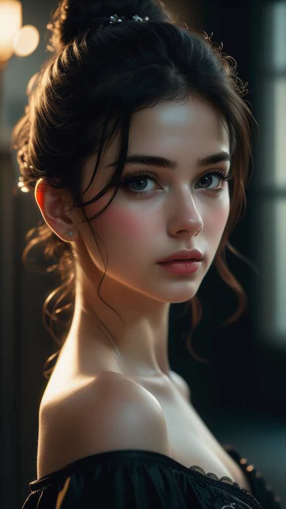 (((ultra realistic))) Photo, masterpiece, top quality, (pale skin), (Ultra detailed face and eyes:1.3), Indian 1 girl, in a beautiful black(goldon embroidery)dress, (Eye makeup, mascara) , (a close up portrait of a beautiful woman with long brown messy bun, curly hair), wearing a black dress, gorgeous detailed face, extremely beautiful delicate features, piercing eyes, luscious lips, flawless skin, stunning portrait, high quality, cinematic lighting, photorealistic, masterpiece, dramatic depth of field, soft elegant expression, elegant and serene, professional portrait photography, beautiful model, gorgeous female portrait, incredible realismof field, bokeh, (special attention to skin detail: 1.2), Detailed leather texture, skin pores. (Airy atmosphere of the frame), UDR, ((Film grain)), ((rays)), ((Glare)), ((side angle portrait, viewing towards the camera)) , ultra detialed,