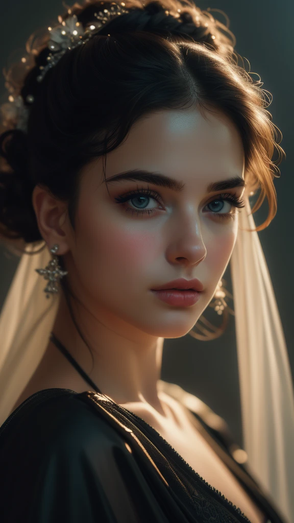 (((ultra realistic))) Photo, masterpiece, top quality, (pale skin), (Ultra detailed face and eyes:1.3), Indian 1 girl, in a beautiful black(goldon embroidery)dress, (Eye makeup, mascara) , (a close up portrait of a beautiful woman with long brown messy bun, curly hair), wearing a black dress, gorgeous detailed face, extremely beautiful delicate features, piercing eyes, luscious lips, flawless skin, stunning portrait, high quality, cinematic lighting, photorealistic, masterpiece, dramatic depth of field, soft elegant expression, elegant and serene, professional portrait photography, beautiful model, gorgeous female portrait, incredible realismof field, bokeh, (special attention to skin detail: 1.2), Detailed leather texture, skin pores. (Airy atmosphere of the frame), UDR, ((Film grain)), ((rays)), ((Glare)), ((side angle portrait, viewing towards the camera)) , ultra detialed,