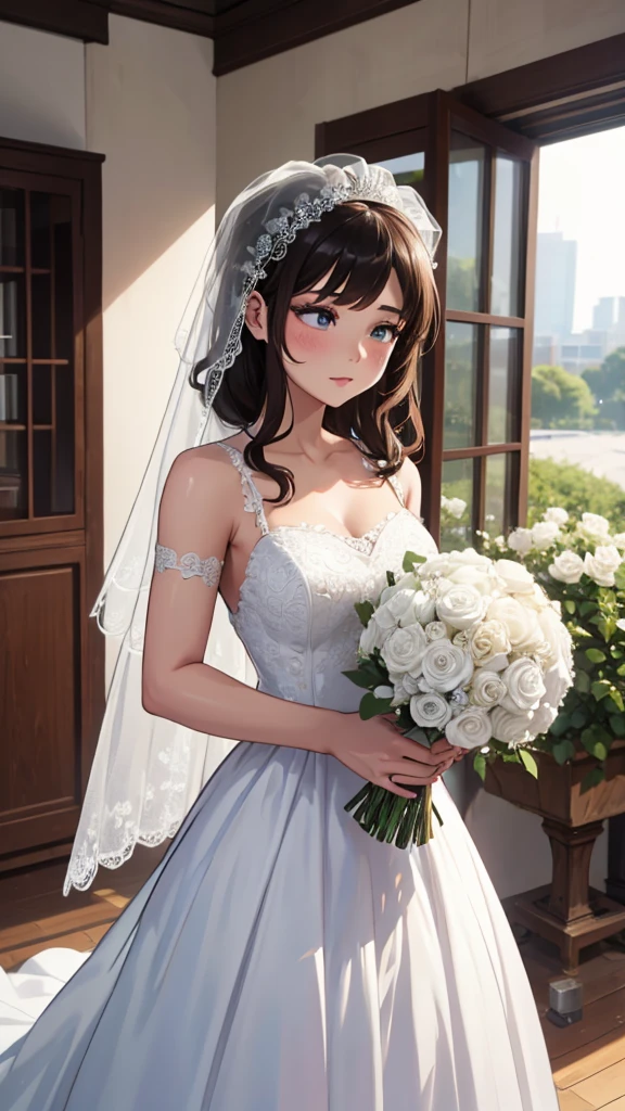 A bride in a white wedding dress holding a bouquet of flowers。