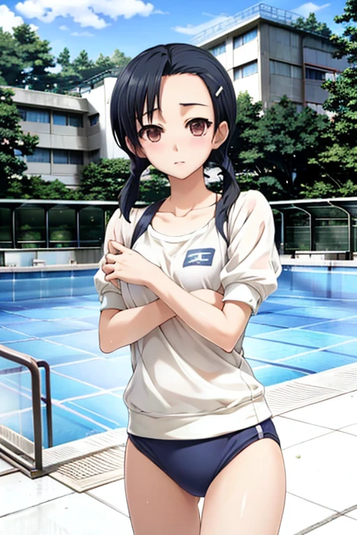 kuranaga kozue, twintails, hairclip Gym uniforms that are transparent in water　Wet school swimsuit　School swimming pool　fell into the pool　water droplets　