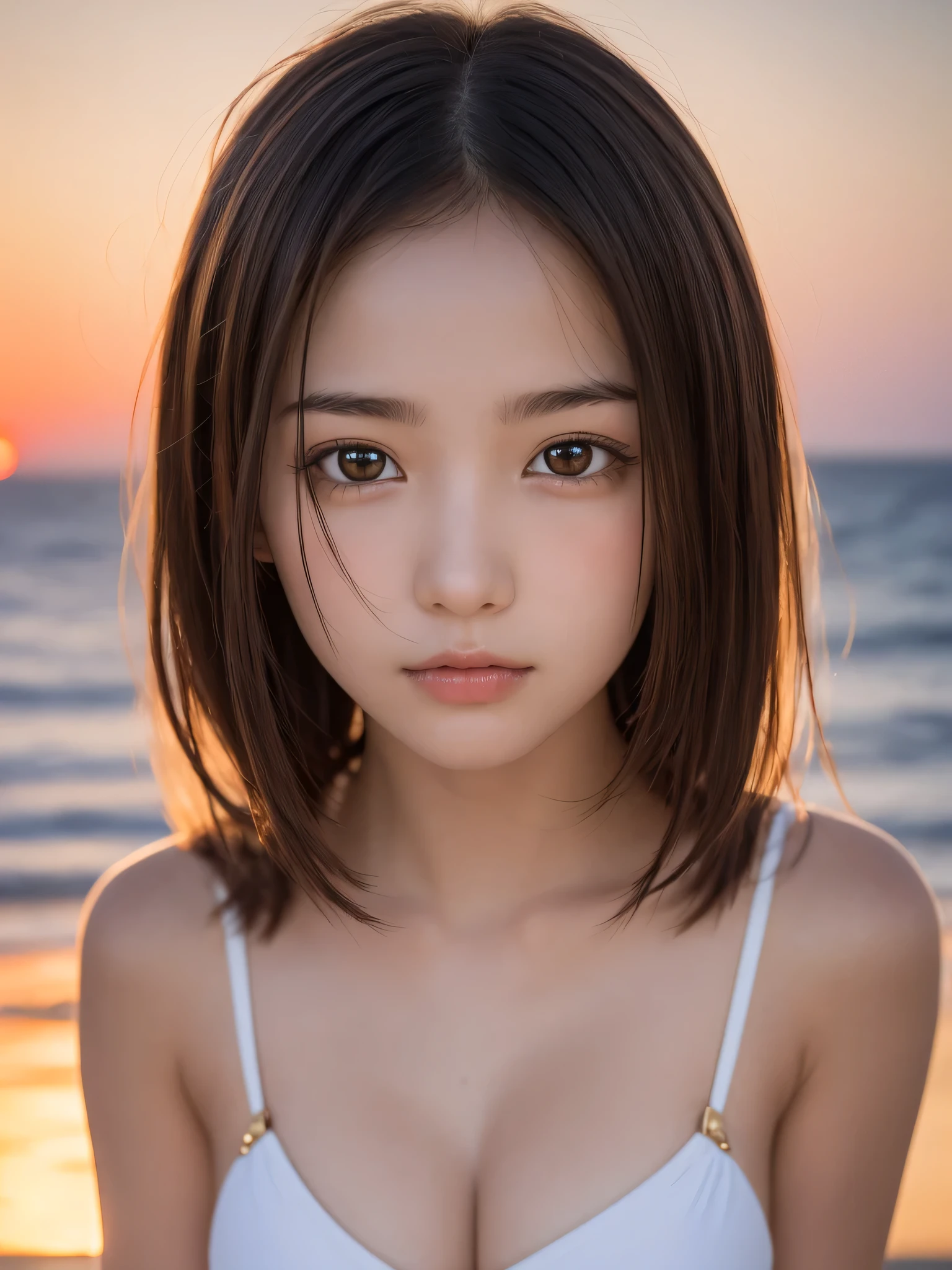 8K、highest quality、muste piece、super detail、超High resolution、realistic、Raw photo、Unreasonable、absolute resolution、Of 1 person、solo、Upper body、Viewer's perspective、Japanese beautiful girl、super cute face、glamorous figure、big breasts、long bob hair、smile、(micro bikini:1.3)、sunset beach、glossy lips、double eyelids、Beautiful detailed eyes、natural makeup、long eyelashes、艶やかで滑らかなライトブラウンのlong bob hair、asymmetric bangs、shiny skin、center image、High resolution、high detail、detailed hairstyles、detailed face、epic movie lighting、octane rendering、vivid、surreal、perfect limbs、perfect anatomy