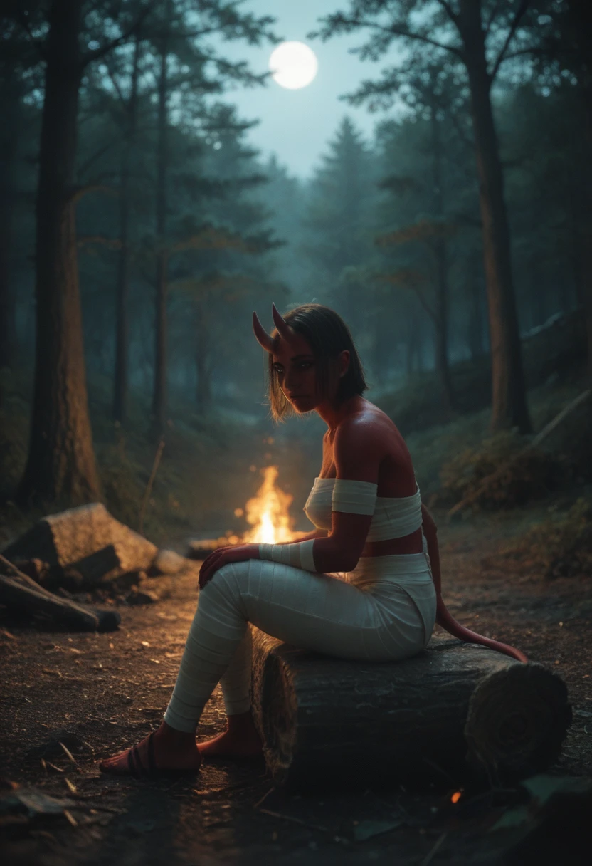 (zPDXL2), score_9, score_8_up, score_7_up, source_anime, 2d,
((1girl, solo, (Oni, demon:1.35), (oni horns, red skin, slander tail), wide samurai pants, geta footwear, seat near campfire, lean back, near tree trunk, sits down cross-legged across from him, resting her hand on her knee, damaged body, bleeding, fresh scars, (medium breasts) , (breasts bandage:1.35), BREAK (1MAN,POV, Samurai knight), BREAK looking at viewer, facing viewer,side view)), forest background, dark forest, night time, fire, campfire,
,AissistXLv2, unaestheticXL_bp5, SimplePositiveXLv2, zPDXL2 PonyXLV6_Scores