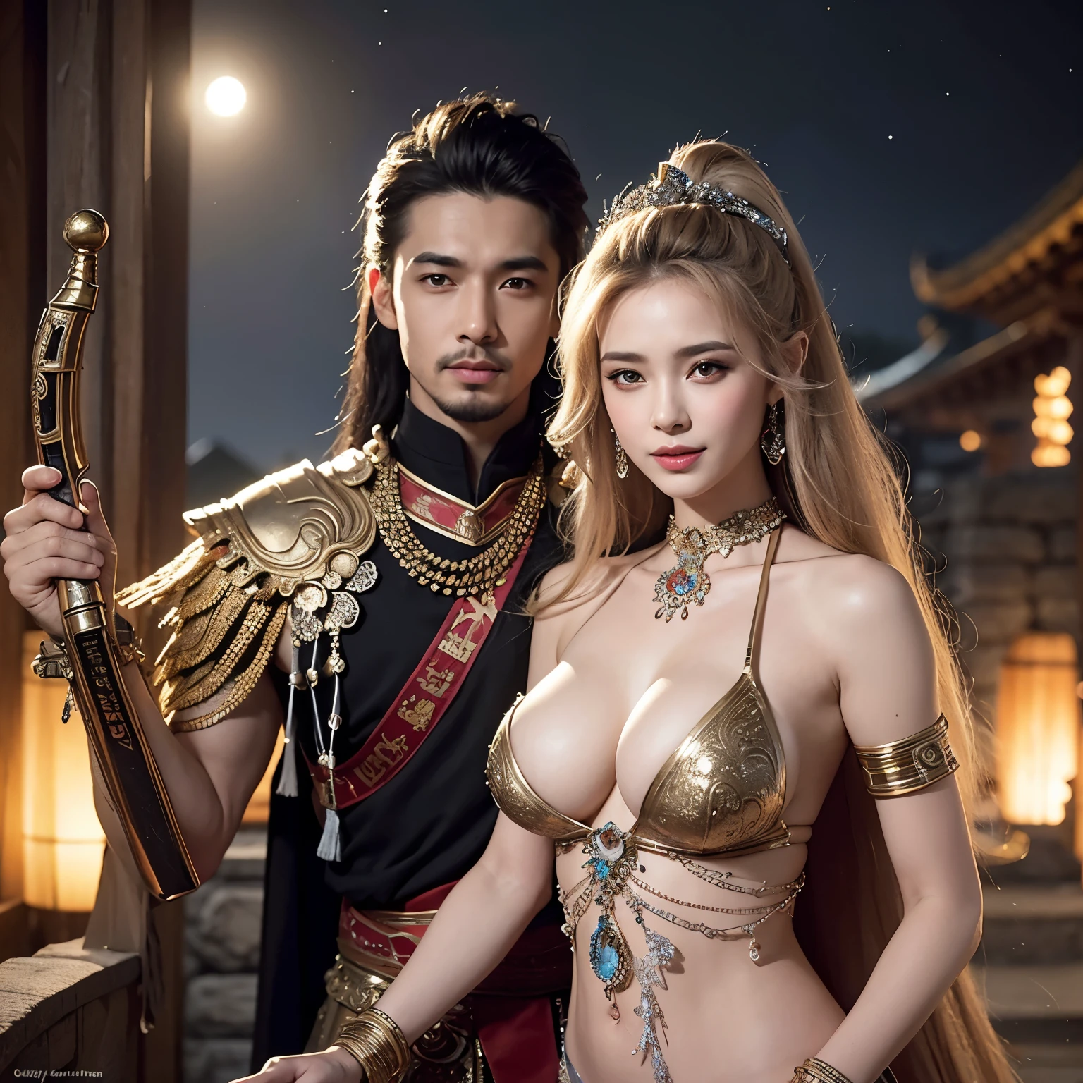 Warrior goddess couple, strong elegant, hyperdetailed face and eyes, mysterious sexy, dressed in Pharaoh lord's clothes, holding AK47, charming smile, Luis Royo, rainbow and galaxy glow, Rubens crack style, dnd character, complex, super meticulous detail, super sharp, masterpiece, expert, crazy detail, 48k resolution, perfect Pathenol temple layout.